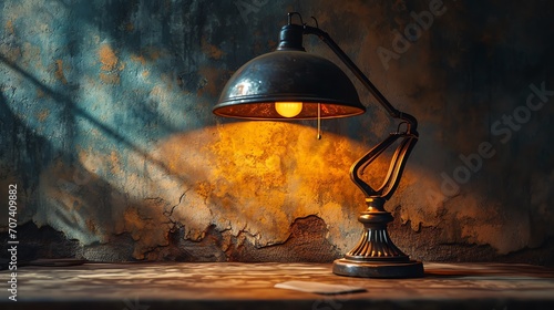 a vintage desk lamp casting a warm yellowish light that contrasts the dark, textured surroundings, creating a moody atmosphere. photo