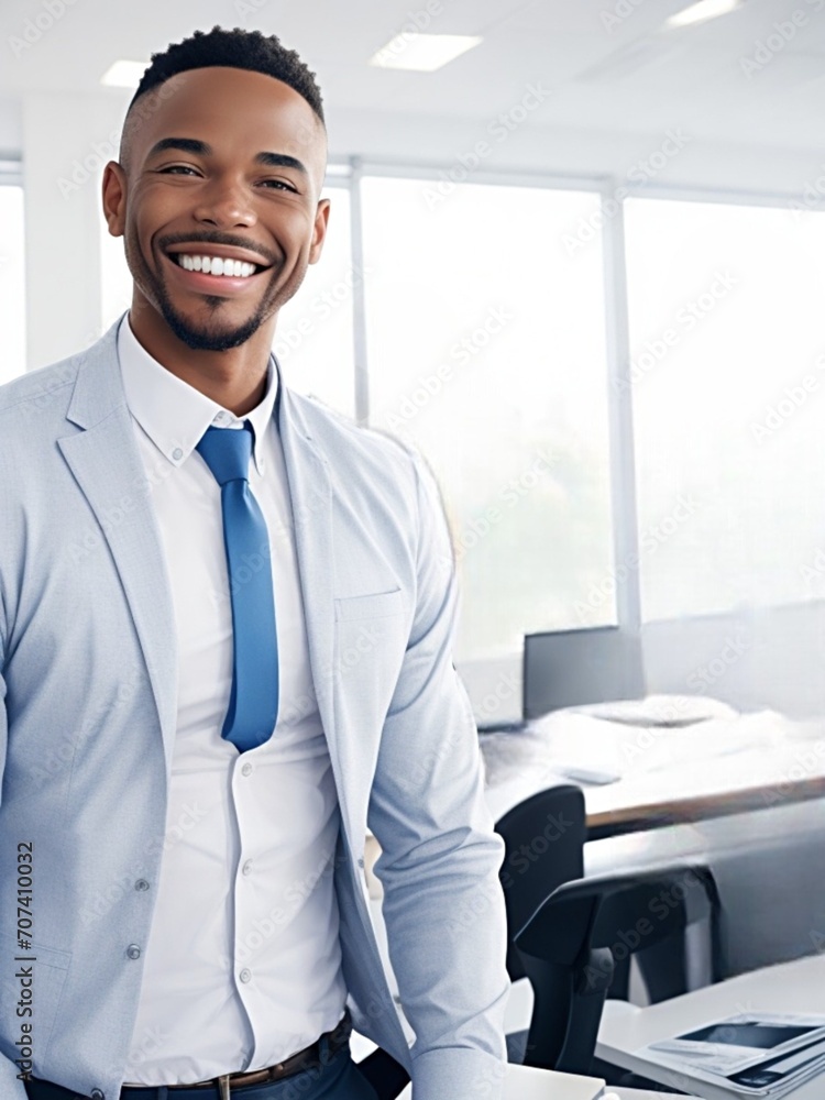 Happy African American business man smiling in office background Happy African American business man smiling in office background