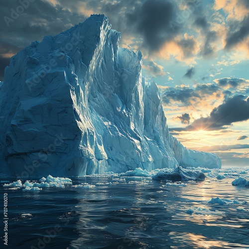 a majestic iceberg floating amidst smaller ice pieces under a dramatic sky at sunset.