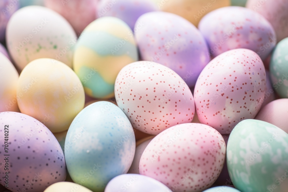 Delicately arranged Easter eggs, their pastel stripes and dots a homage to the subtle beauty of the season, Easter background 