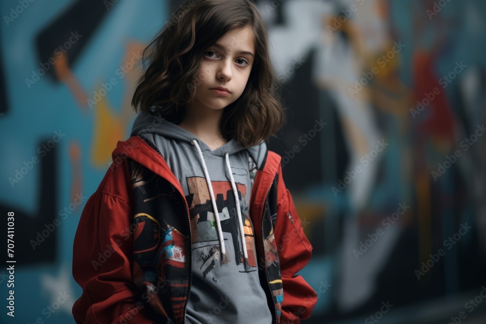 Portrait of a boy in a red jacket on a background of graffiti