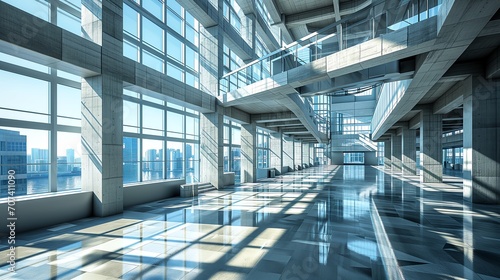 Interior of a spacious, modern building with an architectural design that includes large, floor-to-ceiling windows. Sunlight streams through the windows.