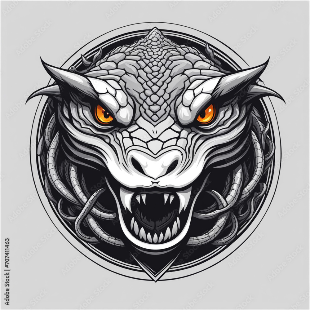 The snake head logo is in a monochrome style and looks scary and scary on a plain white background