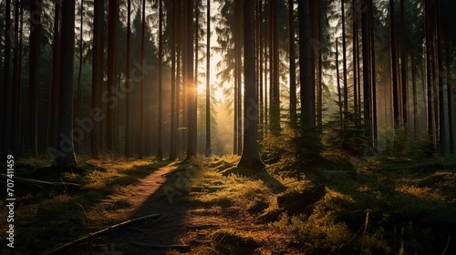In the morning in the forest, sunlight penetrates the tree trunks