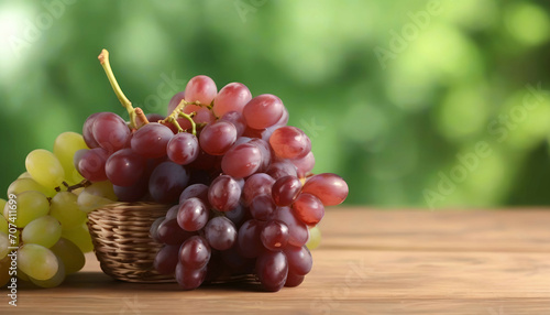 Different fresh ripe grapes on a wooden table against a blurred background.