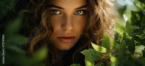 Beautiful young woman's face with natural makeup and green eye behind green leaves while looking at the camera photo