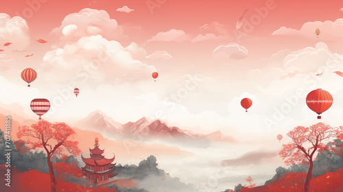 Stylized red and white Chinese landscape, with hot air balloons, a pagoda, cherry blossoms, and mountains