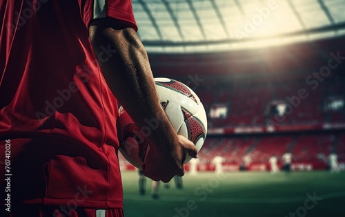 View back a soccer football player in red team concept, holding soccer ball in the stadium photo