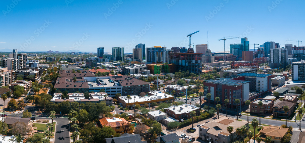 Phoenix city downtown skyline cityscape of Arizona in USA. Top view of downtown Phoenix Arizona on a summer day in USA.