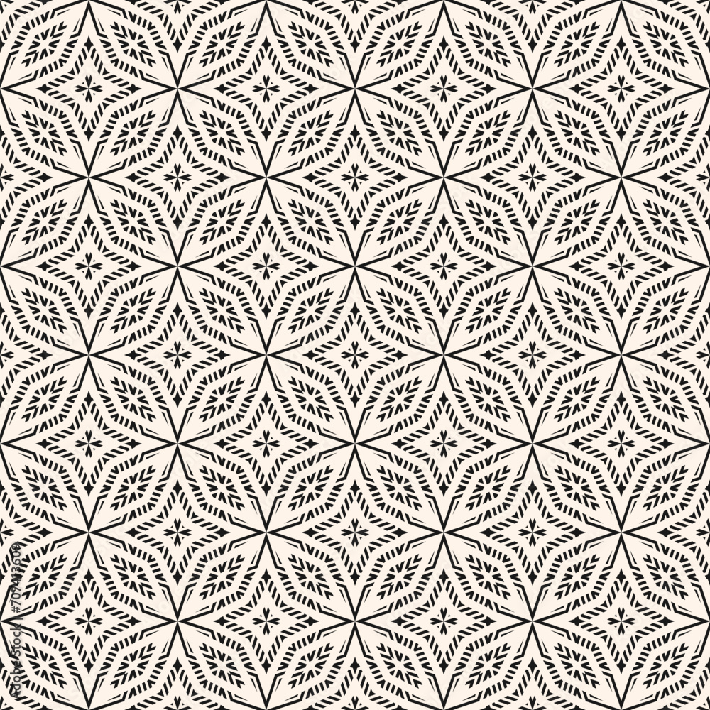 Vector geometric seamless pattern. Abstract black and white folk texture with ornamental grid, lattice, stars, lines, floral shapes. Tribal ethnic motif background. Repeated design for decor, carpet Vector geometric seamless pattern. Abstract black and white folk texture with ornamental grid, lattice, stars, lines, floral shapes. Tribal ethnic motif background. Repeated design for decor, carpet