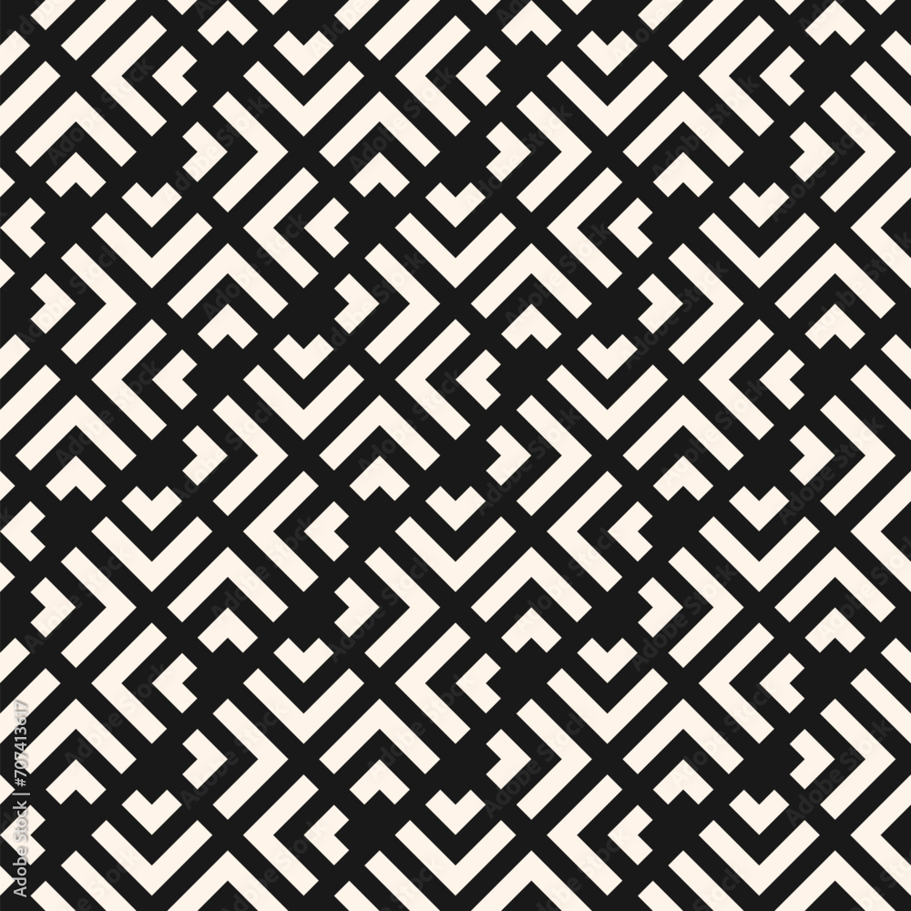 Vector seamless geometric pattern with lines, diagonal grid, squares and greek meander. Simple stylish ethnic ornament. Black and white geo background. Repeat design for decor, print, textile, fabric Vector seamless geometric pattern with lines, diagonal grid, squares and greek meander. Simple stylish ethnic ornament. Black and white geo background. Repeat design for decor, print, textile, fabric