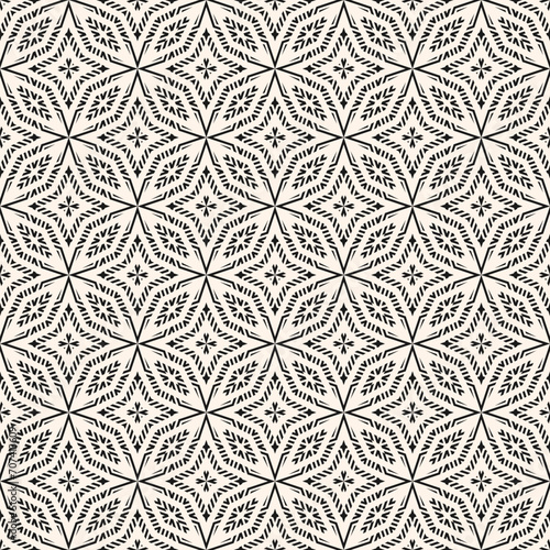 Vector geometric seamless pattern. Abstract black and white folk texture with ornamental grid, lattice, stars, lines, floral shapes. Tribal ethnic motif background. Repeated design for decor, carpet