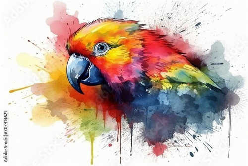 Colorful parrot head with watercolor spray. Generative AI © Dmytro