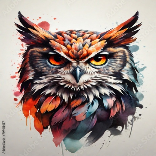 Experience the excellence of a watercolor logo showcasing a powerful owl face in vibrant colors. The design pops against a monochrome background, delivering a visually impactful result © TeodoroInnovateArts