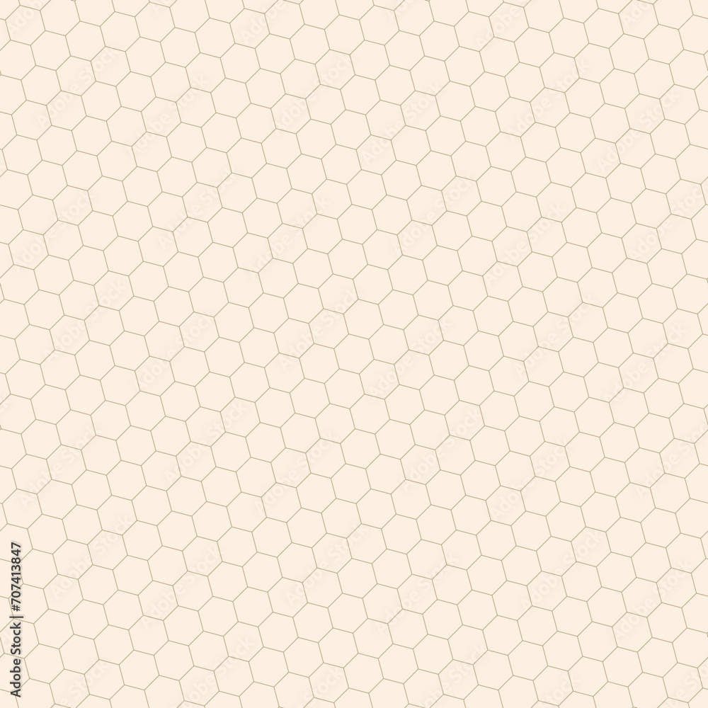 Vector seamless abstract geometric pattern. Subtle minimalist background with golden hexagon grid, diagonal linear lattice, honeycomb mesh. Simple minimal gold and beige texture. Repeat luxury design - obrazy, fototapety, plakaty 