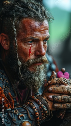 Portrait of a Viking with tattoos and wearing a fluffy fur outfit, holding a pink heart in his hands. Concept: Brutal man growing feelings, Valentine's Day holiday