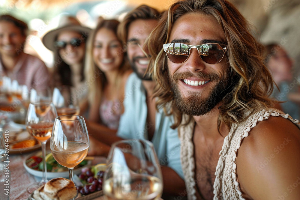 Young happy smiling people having summer party in tropical bar by the sea Young happy smiling people having summer party in tropical bar by the sea