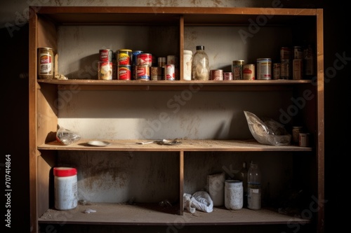 A hauntingly still pantry, bathed in soft sunlight, captures the essence of abandonment. Dust-covered cans and containers reflect moments frozen in time, telling tales of a once-bustling .