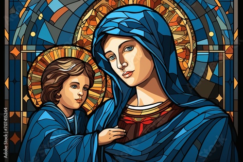 Holy Mary and Baby Jesus in Colorful Stained Glass Window - Religious Cultural Illustration