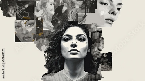 Layered female faces in a grayscale artistic expression.