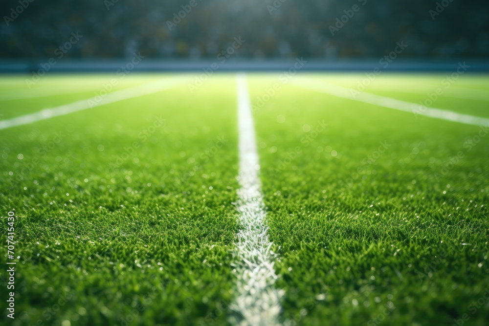 Close-up zoom image football field floor with one white line horizontally on the field