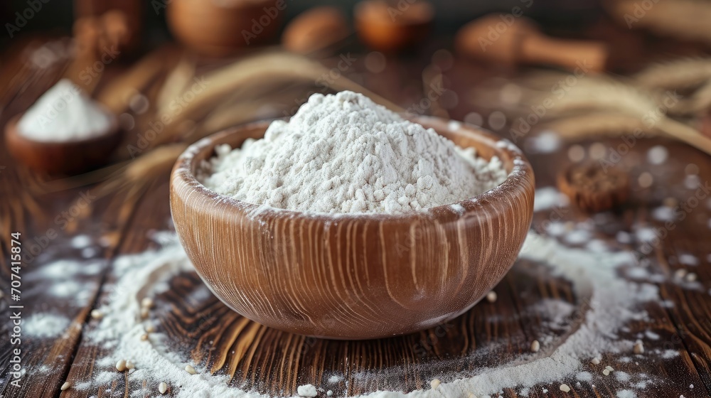 wheat flour in wooden bowl wheat flour in wooden bowl