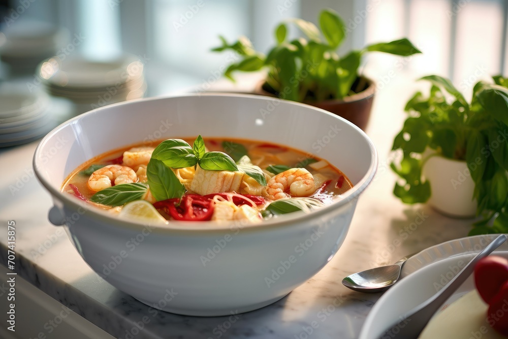 Asian soup with seafood. Tom Yam soup with shrimp in bowl. Asian soup with seafood. Tom Yam soup with shrimp in bowl.