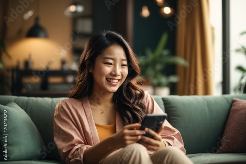 Illustration, Asian girl sitting and using a mobile phone inside the house looking happy, AI generated © 2D_Jungle