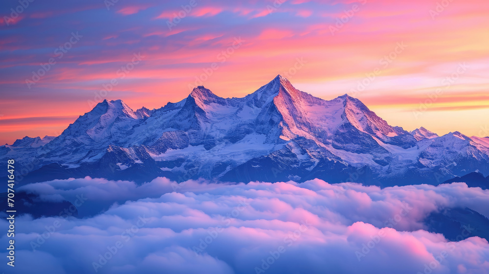 the mountains of Central Switzerland at sunset, mountain peaks rising from sea of fog
