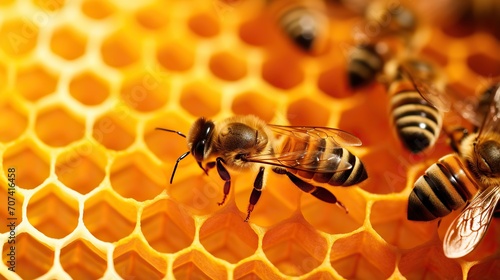 Bees Working in the Honeycomb. Bees in honeycomb with honey