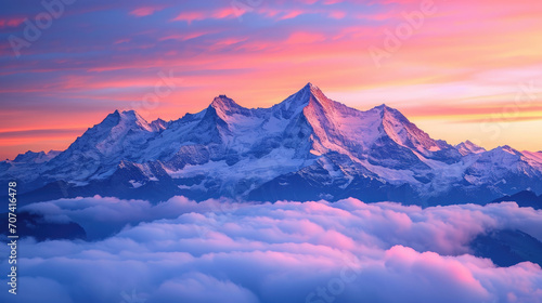 the mountains of Central Switzerland at sunset, mountain peaks rising from sea of fog 