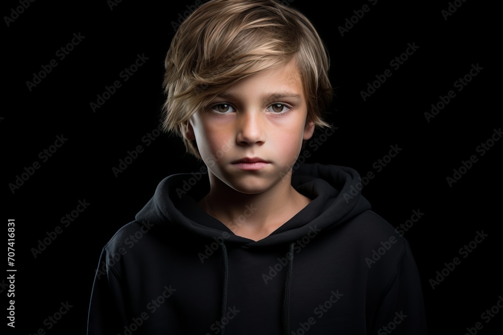 Portrait of a boy in a black hoodie on a black background