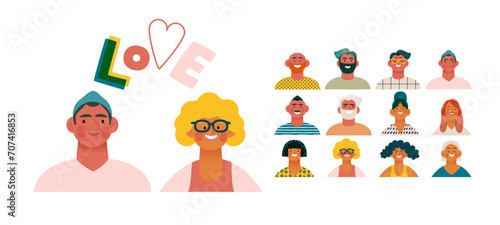 Valentine: Spectrum of Love - modern flat vector concept illustration of a vibrant array of individual portraits celebrating love's diverse expressions. Metaphor for the universal language of love
