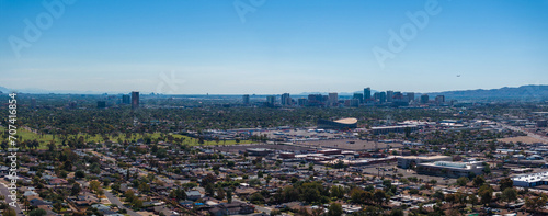 Phoenix city downtown skyline cityscape of Arizona in USA. Top view of downtown Phoenix Arizona on a summer day in USA.