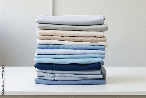 Neatly Folded Laundry Items Displayed on White Surface, Conveying Cleanliness and Orderliness