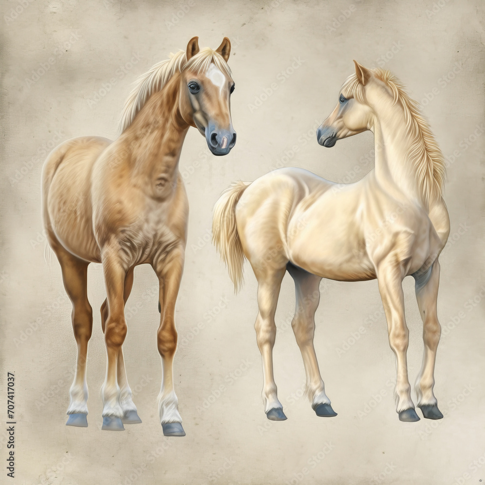 An illustrated character sheet for palomino horses.  - obrazy, fototapety, plakaty 