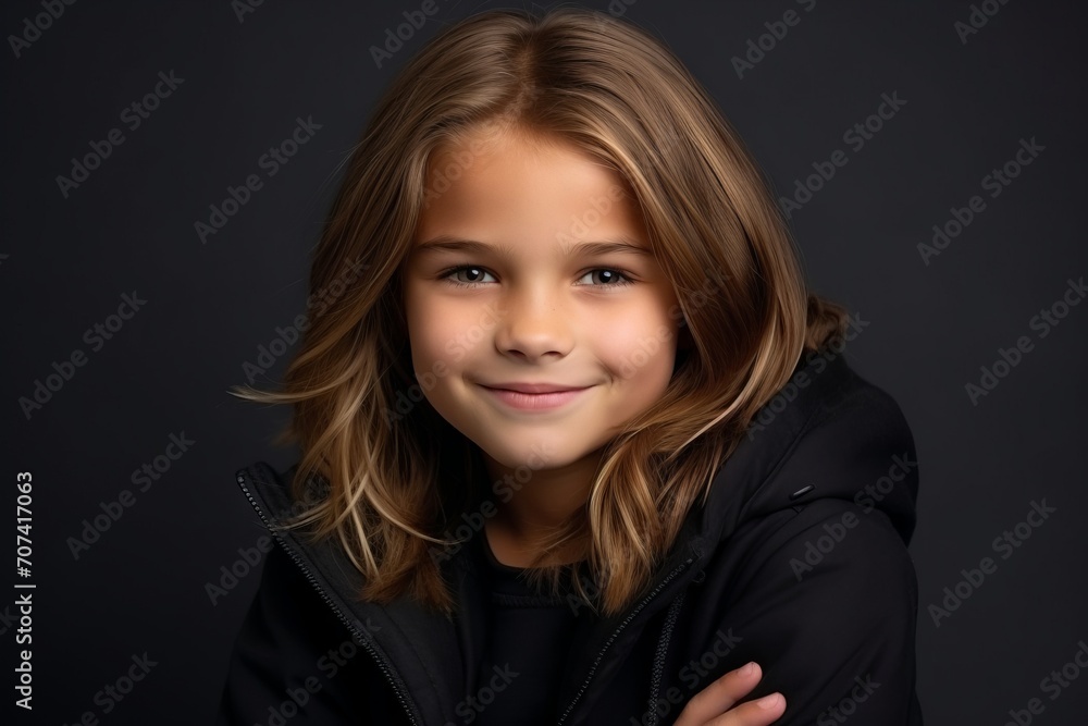 Portrait of a cute little girl in a black jacket. Studio shot. Portrait of a cute little girl in a black jacket. Studio shot.