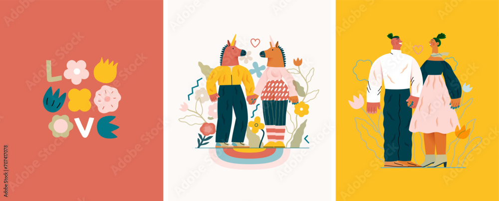 Valentines day cards set - modern flat vector concept illustrations of couples celebrating their love, greeting card design, floral environment. Metaphor of unity, affection, love, connection, growth
