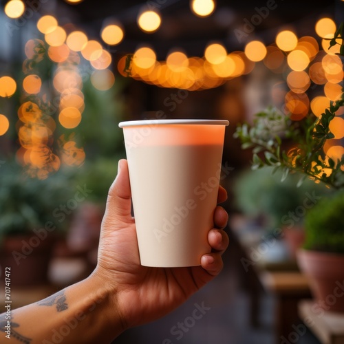 A hand holding a blank paper cup. 