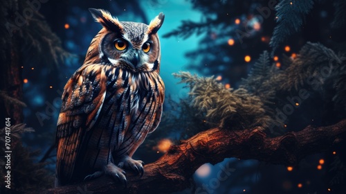 An owl with detailed feathers in a nocturnal forest, showcasing wisdom in its eyes generative ai