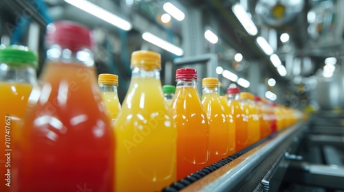 product bottles fruit juice on the conveyor belt in the beverage factory  industrial  manufacture  production  line  plant  technology  juice  machine  machinery  equipment  automated