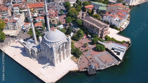 Mecidiye Cami - Ortaköy Mosque by the Bosphorus in istanbul, Turkey. A major Ottoman Mosque Buyuk Mecidiye Camii and abandoned Esma Sultan Mansion. One of the famous symbols of Besiktas Region. Aerial photo