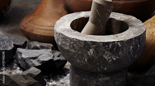 well-crafted mortar and pestle set, highlighting its solid stone construction generative ai photo