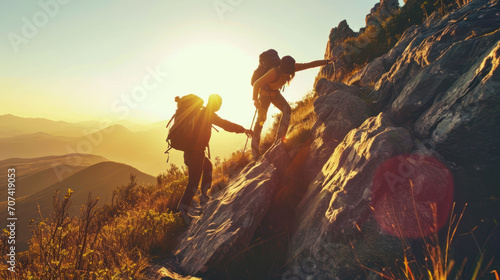 Hiker helping friend reach the mountain top, Generative ai © SebuahKisah