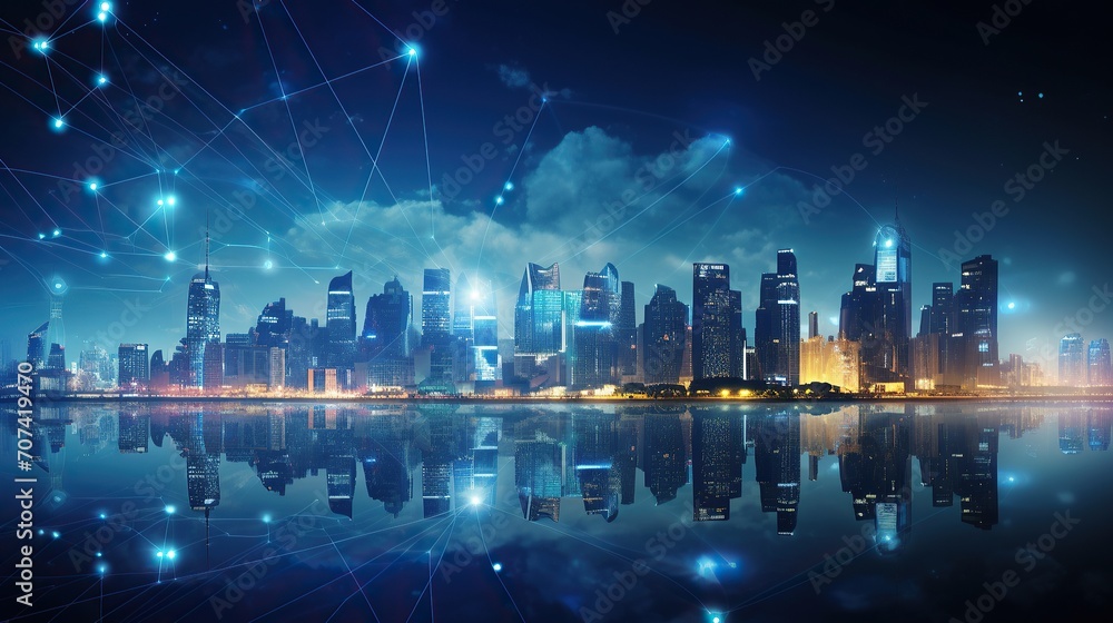 Smart city and intelligent communication network, night city, wireless connection technology concept, future technology concept Smart city and intelligent communication network, night city, wireless connection technology concept, future technology concept