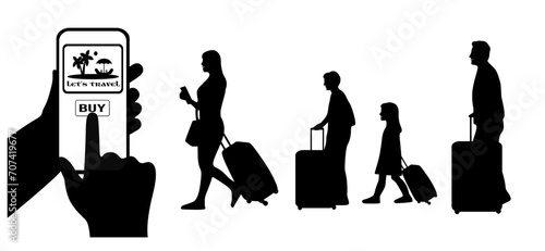 Human hands holding a cell phone and buying a ticket online. Silhouettes of happy family walking and holding ticket and suitcase.