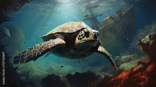 Exquisite depiction of a curious sea turtle investigating a shipwreck generative ai