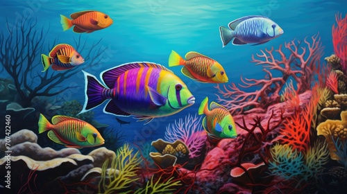 Exquisite depiction of a school of vibrant parrotfish grazing on coral polyps. generative ai