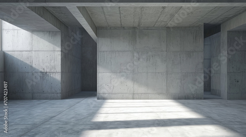 Concrete room background  abstract minimalist space with light grey walls  empty interior of modern hall. Concept of white stone architecture  industry  texture  design