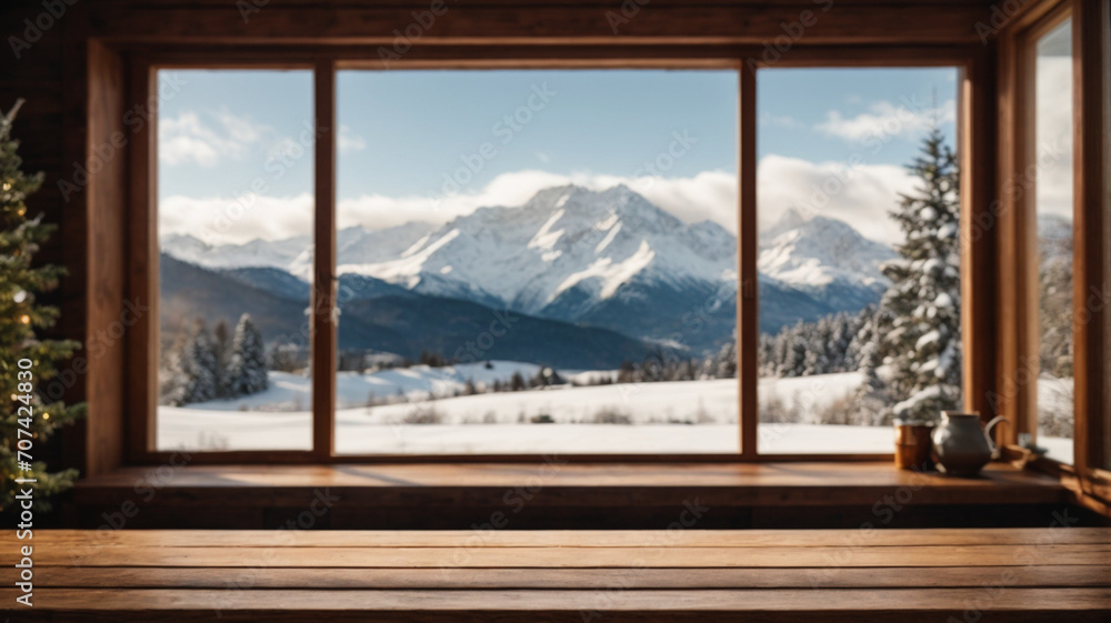 Wooden table and window with blurred mountain winter trees landscape background. High quality photo